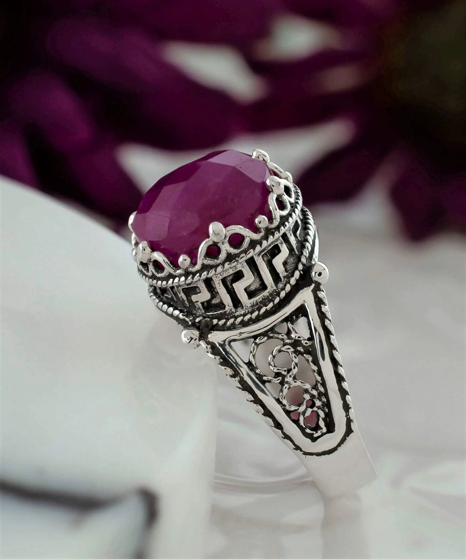 Greek Key Pattern Filigree Art Ruby Corundum Gemstone Women Silver Cocktail Ring - Drakoi Marketplace