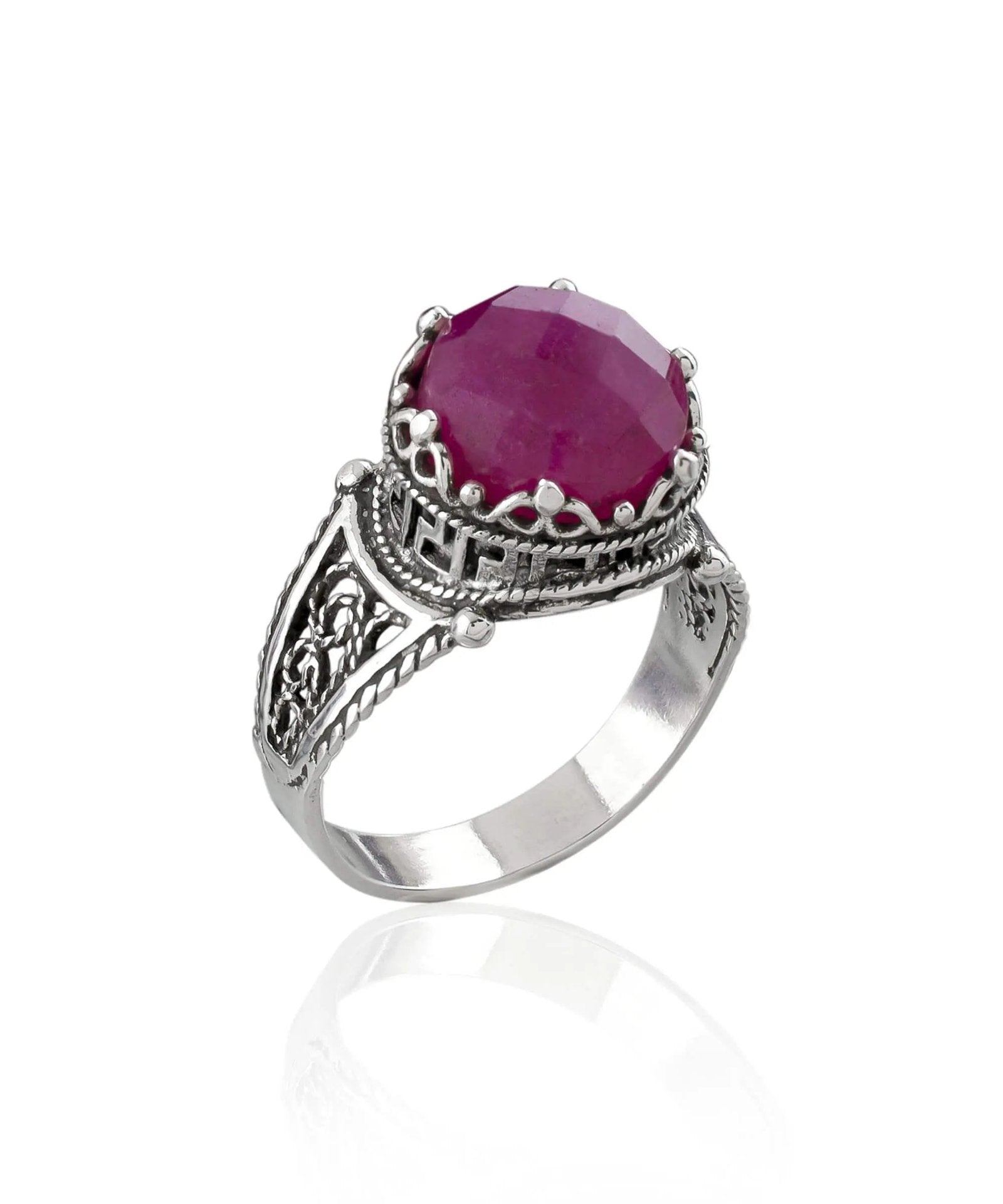 Greek Key Pattern Filigree Art Ruby Corundum Gemstone Women Silver Cocktail Ring - Drakoi Marketplace