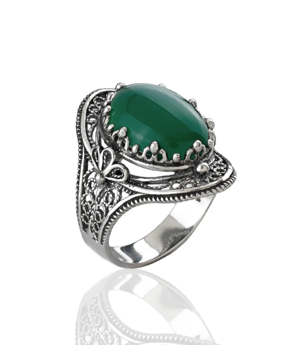 Green Agate Gemstone Filigree Art Woman Silver Statement Ring - Drakoi Marketplace