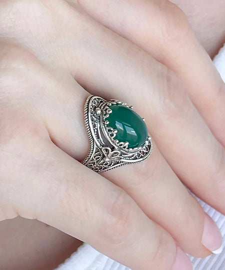 Green Agate Gemstone Filigree Art Woman Silver Statement Ring - Drakoi Marketplace