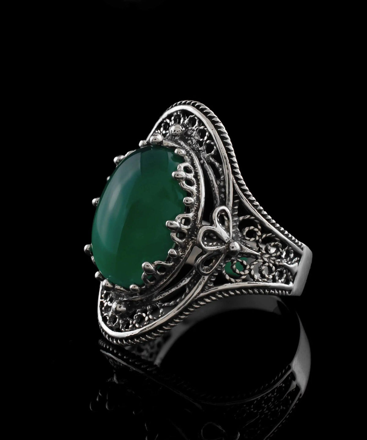 Green Agate Gemstone Filigree Art Woman Silver Statement Ring - Drakoi Marketplace