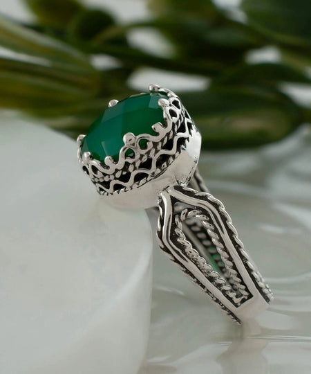 Green Agate Gemstone Filigree Art Women Sterling Silver Cocktail Ring - Drakoi Marketplace