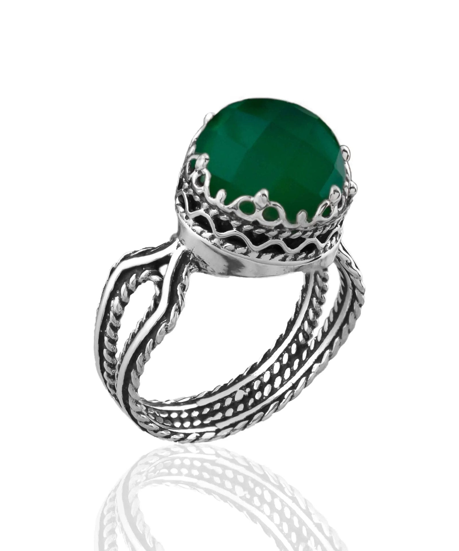 Green Agate Gemstone Filigree Art Women Sterling Silver Cocktail Ring - Drakoi Marketplace