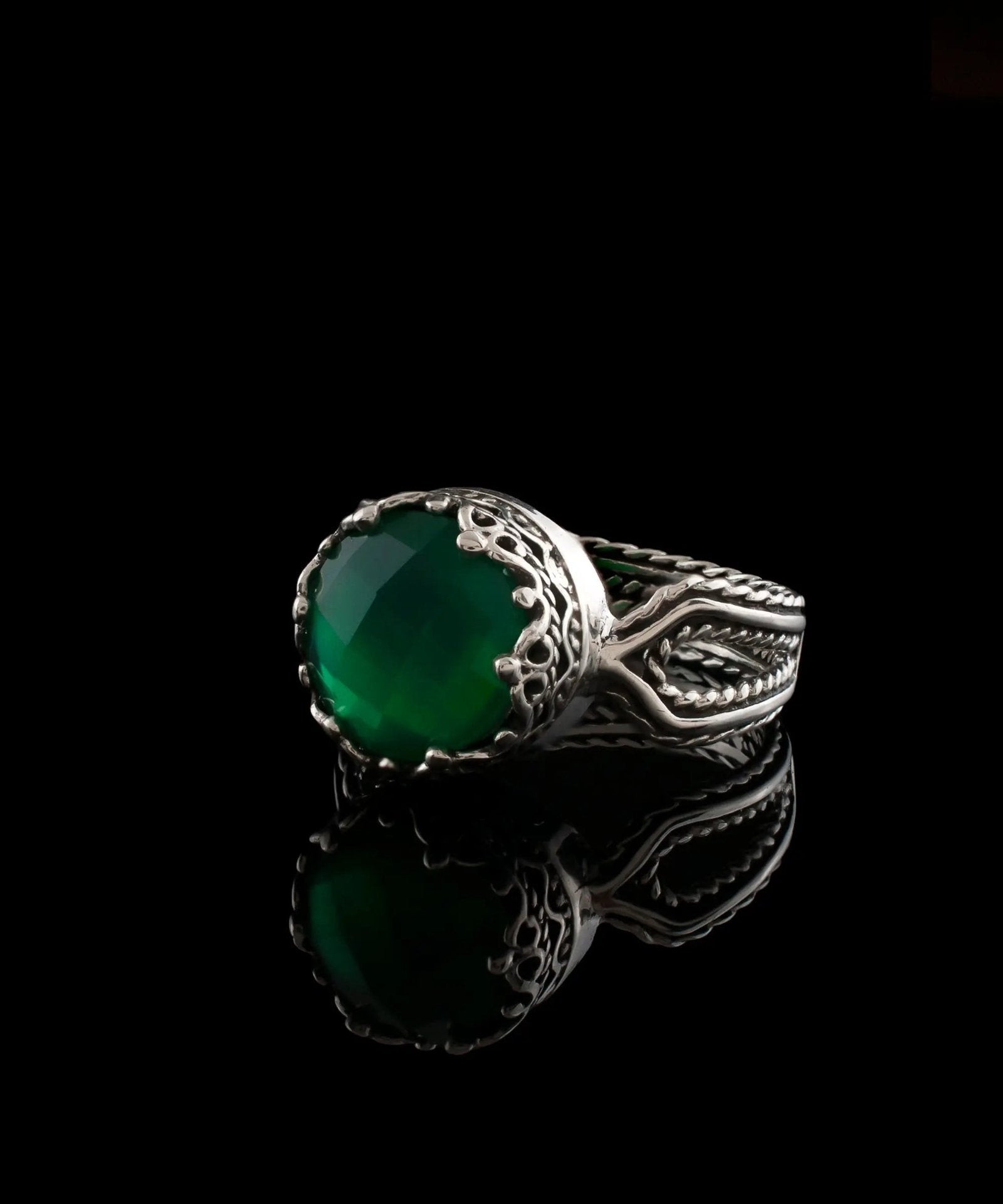 Green Agate Gemstone Filigree Art Women Sterling Silver Cocktail Ring - Drakoi Marketplace