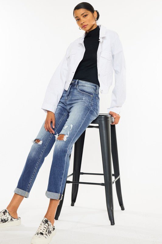 High Rise Hem Detail Slim Straight Jeans - Drakoi Marketplace