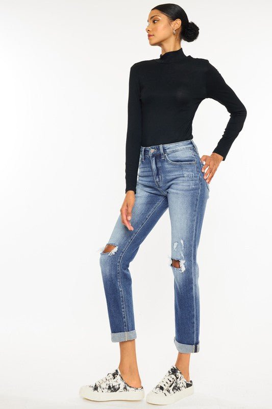 High Rise Hem Detail Slim Straight Jeans - Drakoi Marketplace