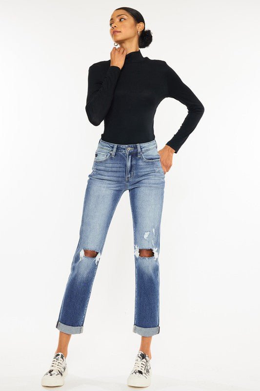 High Rise Hem Detail Slim Straight Jeans - Drakoi Marketplace