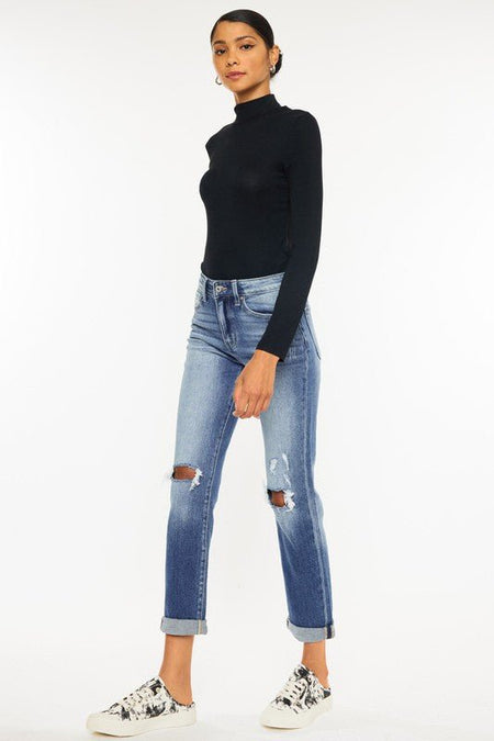 High Rise Hem Detail Slim Straight Jeans - Drakoi Marketplace