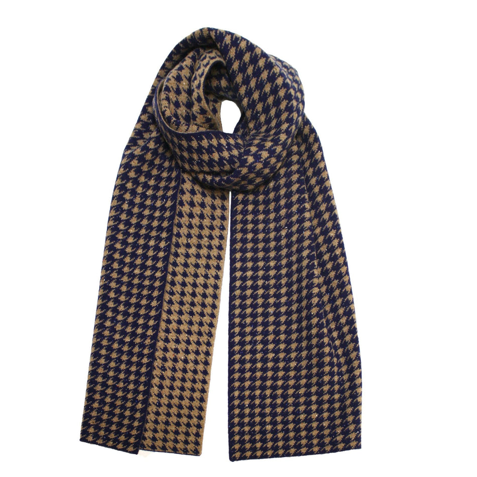 Hounds Tooth knitted Cashmere Scarf Kotara Camel Blue - Drakoi Marketplace