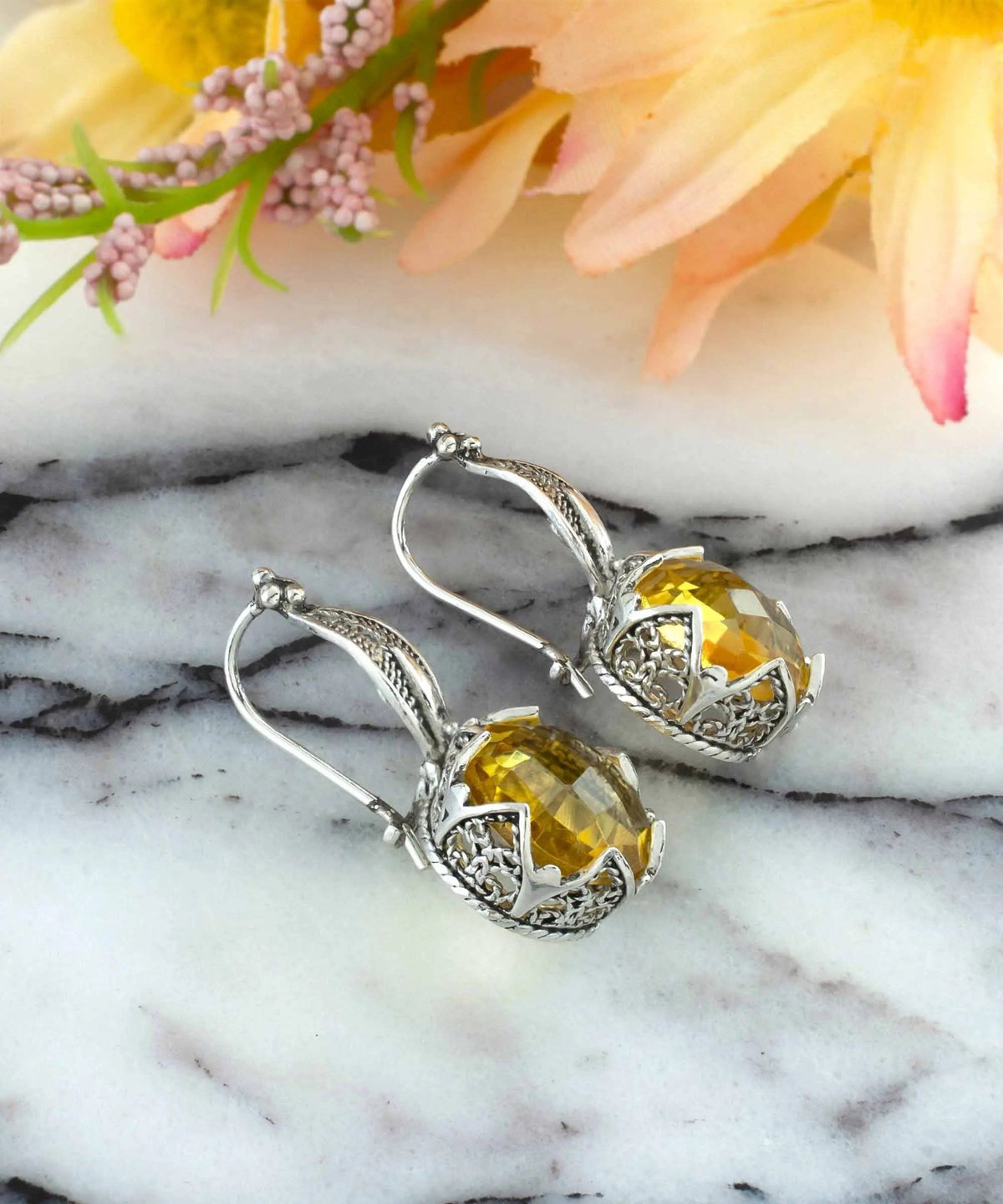 Intricate Filigree Flower Motif Citrine Gemstone Sterling Silver Woman Drop Earrings - Drakoi Marketplace