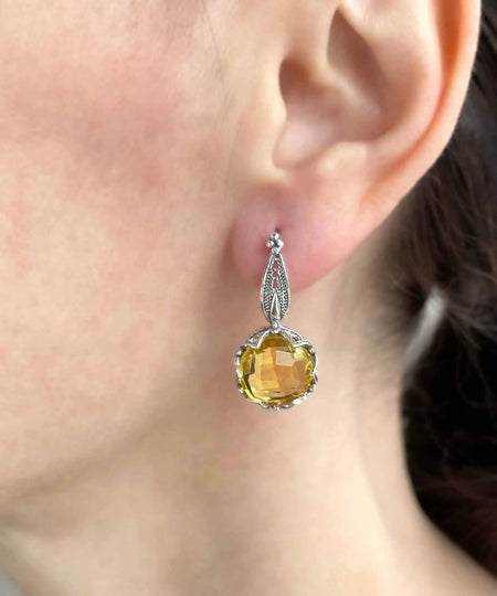 Intricate Filigree Flower Motif Citrine Gemstone Sterling Silver Woman Drop Earrings - Drakoi Marketplace