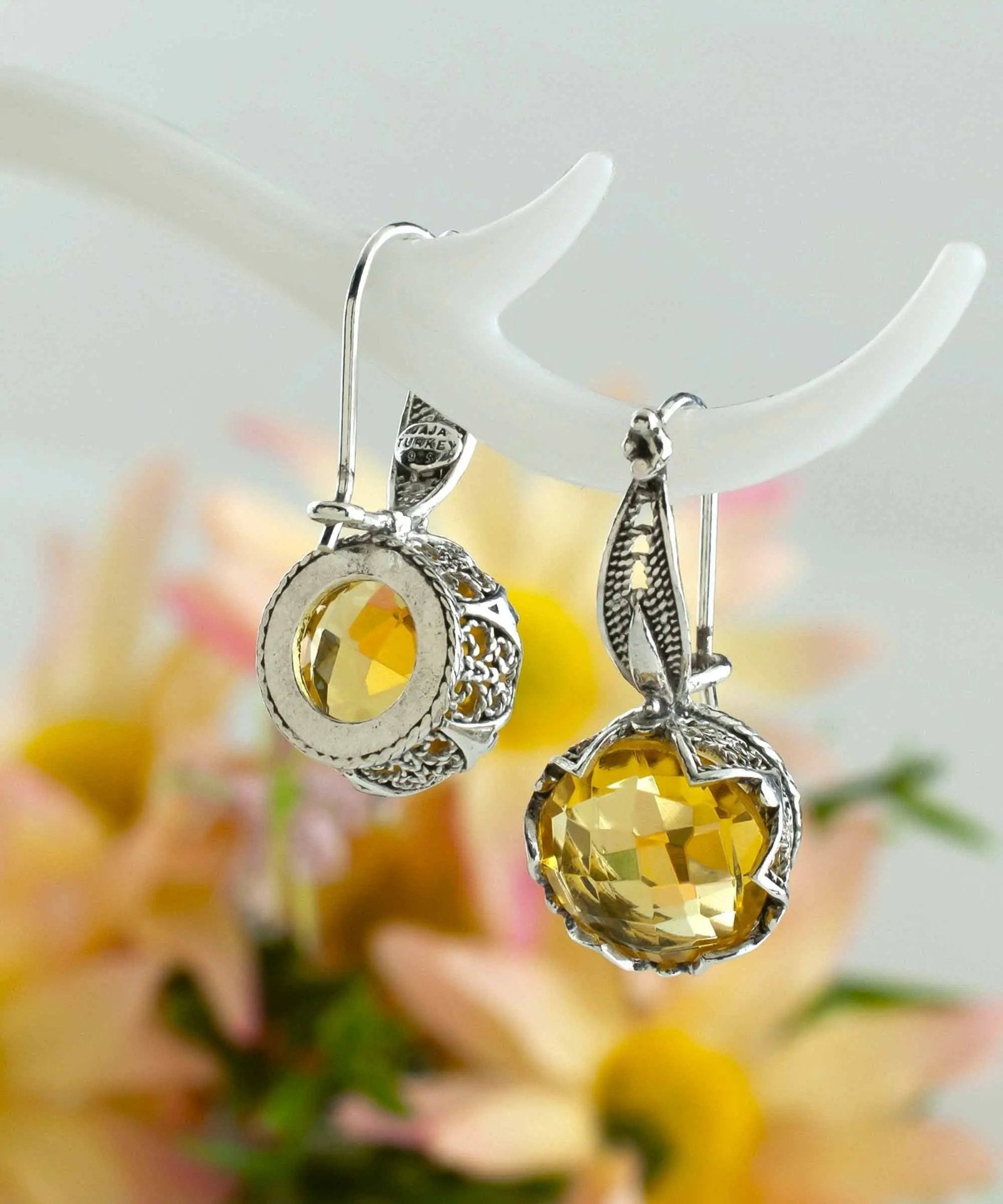 Intricate Filigree Flower Motif Citrine Gemstone Sterling Silver Woman Drop Earrings - Drakoi Marketplace