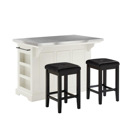 Julia Stainless Steel Top Island W/Uph Square Stools White/Black - Kitchen Island, 2 Counter Height Bar Stools - Drakoi Marketplace