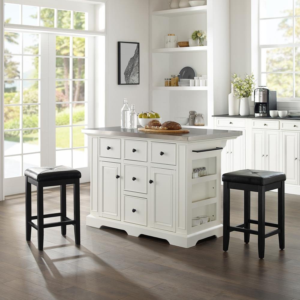 Julia Stainless Steel Top Island W/Uph Square Stools White/Black - Kitchen Island, 2 Counter Height Bar Stools - Drakoi Marketplace