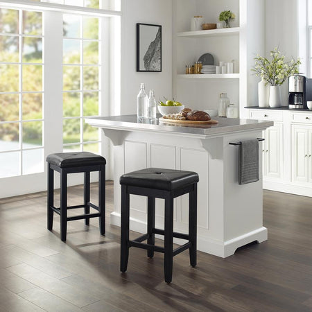 Julia Stainless Steel Top Island W/Uph Square Stools White/Black - Kitchen Island, 2 Counter Height Bar Stools - Drakoi Marketplace