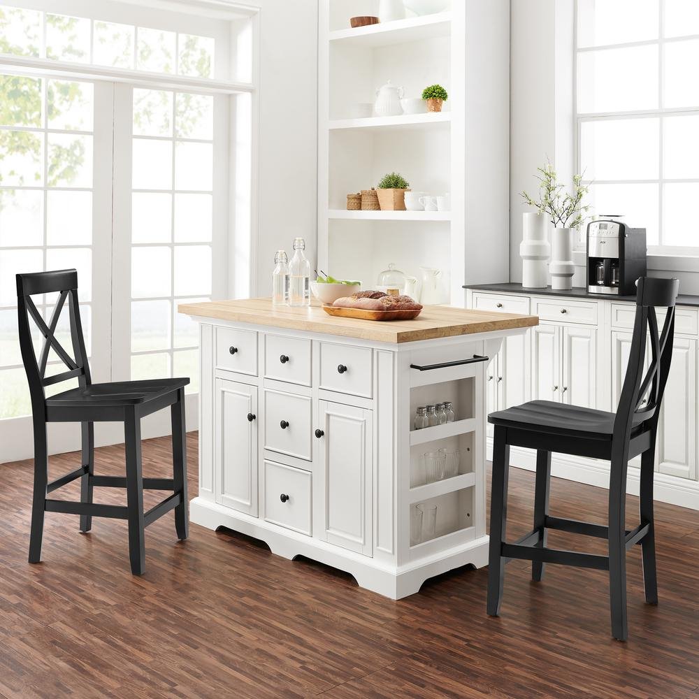 Julia Wood Top Island W/X-Back Stools White/Black - Island & 2 Stools - Drakoi Marketplace