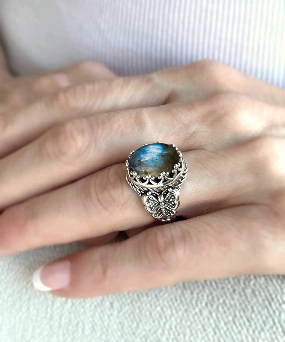 Labradorite Gemstone Filigree Art Double Butterfly Detailed Women Silver Statement Ring - Drakoi Marketplace