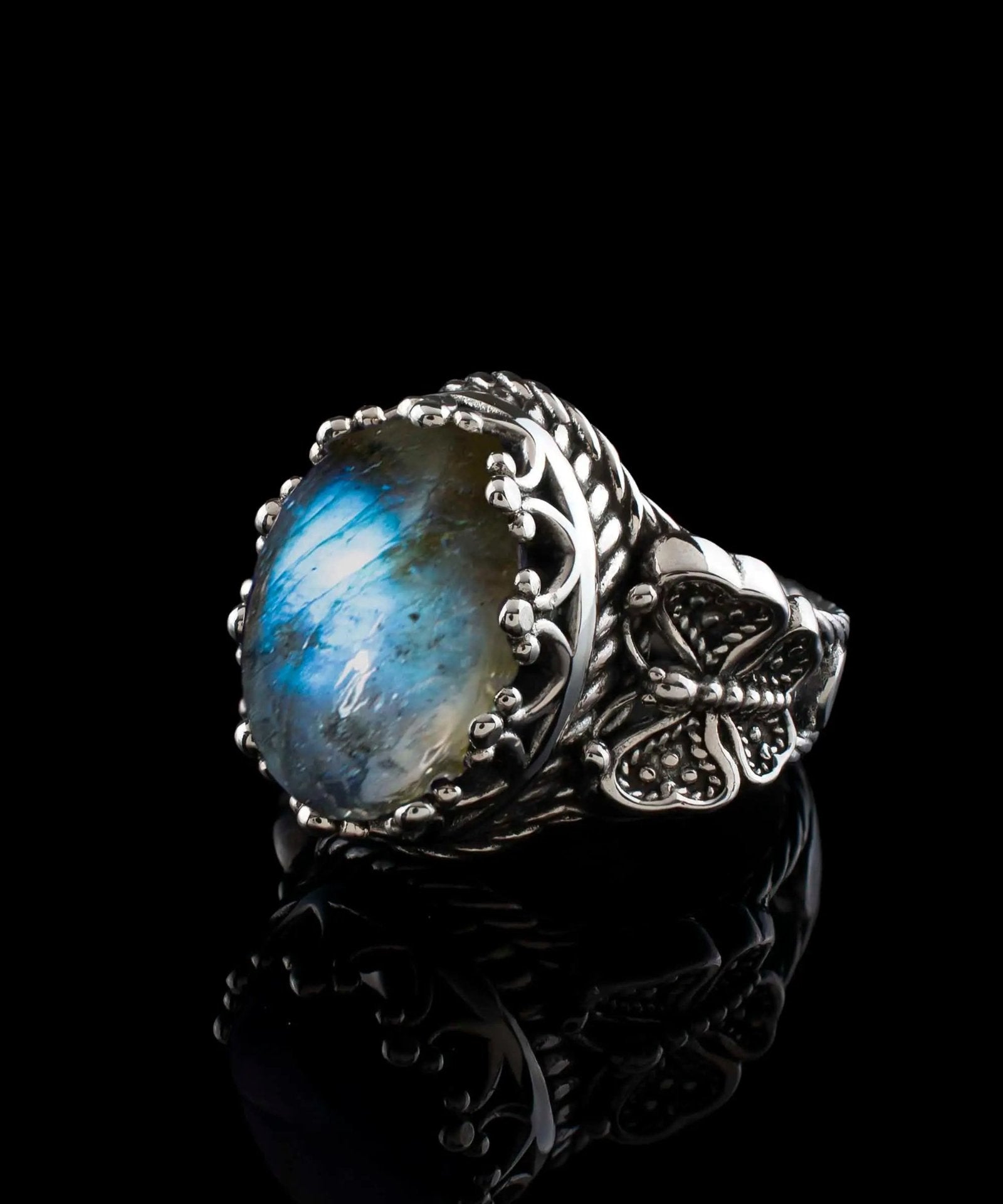 Labradorite Gemstone Filigree Art Double Butterfly Detailed Women Silver Statement Ring - Drakoi Marketplace