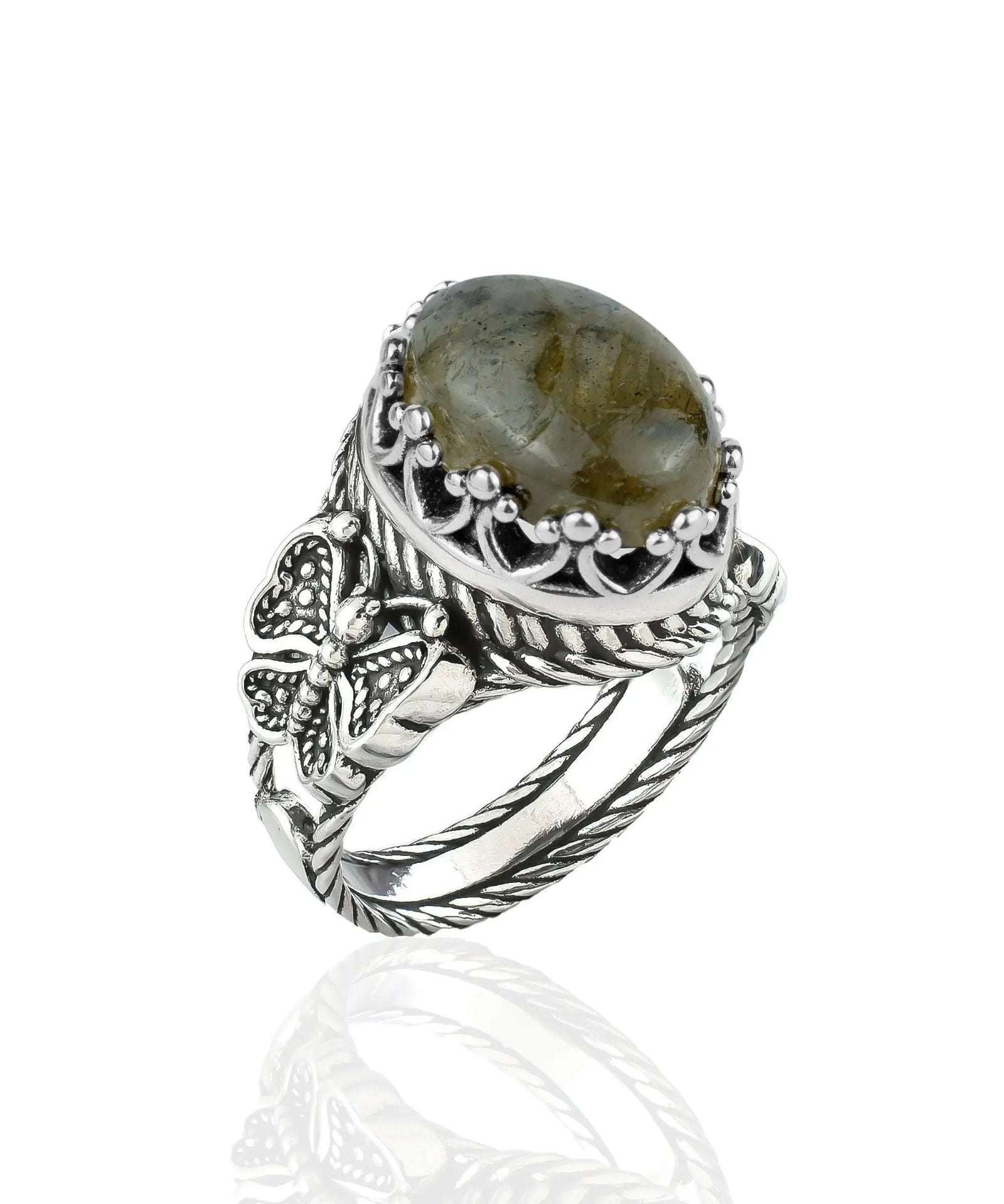 Labradorite Gemstone Filigree Art Double Butterfly Detailed Women Silver Statement Ring - Drakoi Marketplace