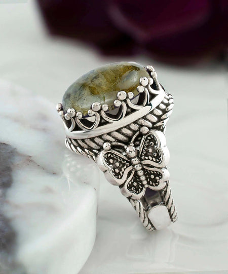 Labradorite Gemstone Filigree Art Double Butterfly Detailed Women Silver Statement Ring - Drakoi Marketplace