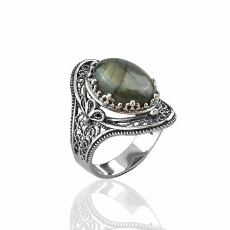 Labradorite Gemstone Filigree Art Woman Silver Statement Ring - Drakoi Marketplace