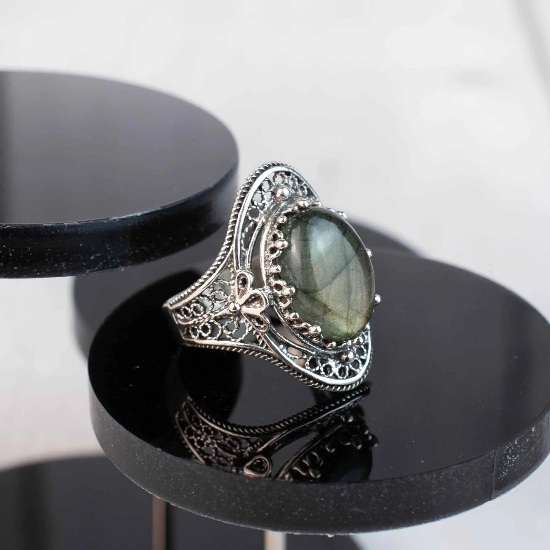 Labradorite Gemstone Filigree Art Woman Silver Statement Ring - Drakoi Marketplace