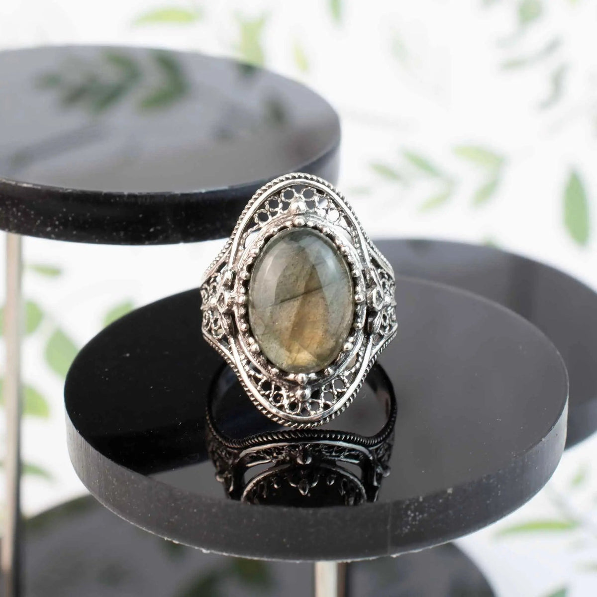 Labradorite Gemstone Filigree Art Woman Silver Statement Ring - Drakoi Marketplace