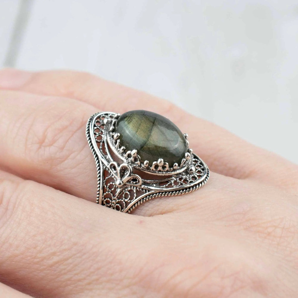 Labradorite Gemstone Filigree Art Woman Silver Statement Ring - Drakoi Marketplace