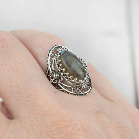 Labradorite Gemstone Filigree Sterling Silver Woman Statement Ring - Drakoi Marketplace