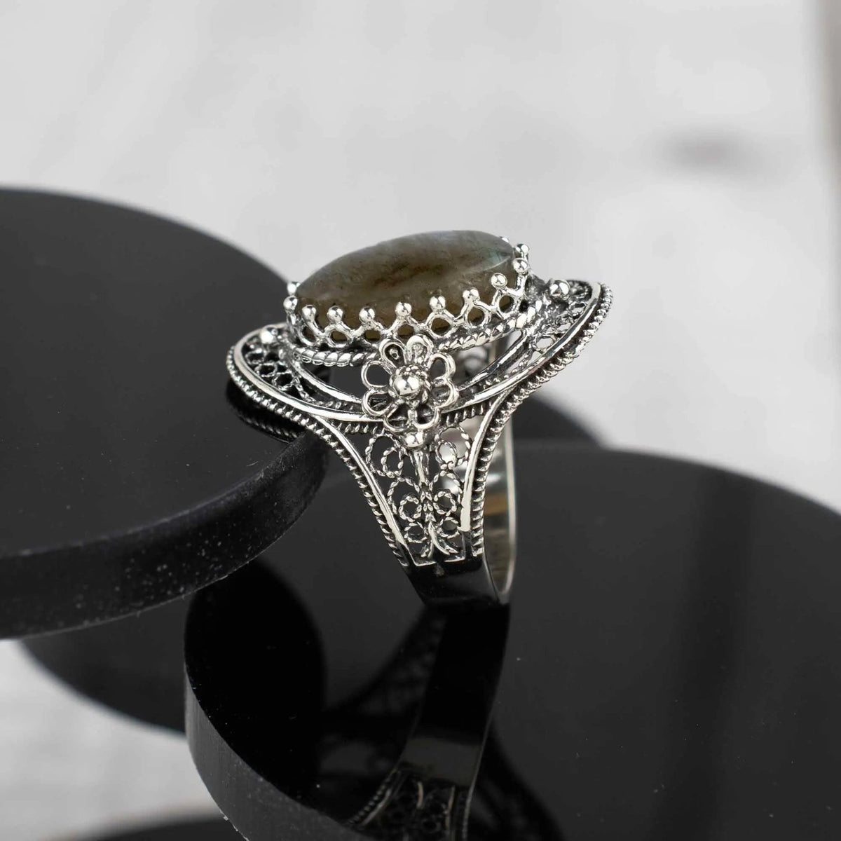 Labradorite Gemstone Filigree Sterling Silver Woman Statement Ring - Drakoi Marketplace