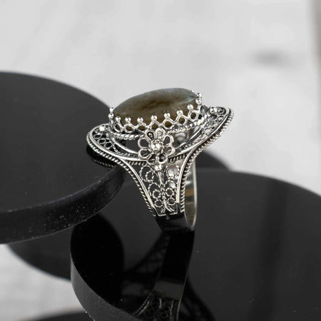 Labradorite Gemstone Filigree Sterling Silver Woman Statement Ring - Drakoi Marketplace