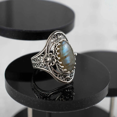 Labradorite Gemstone Filigree Sterling Silver Woman Statement Ring - Drakoi Marketplace