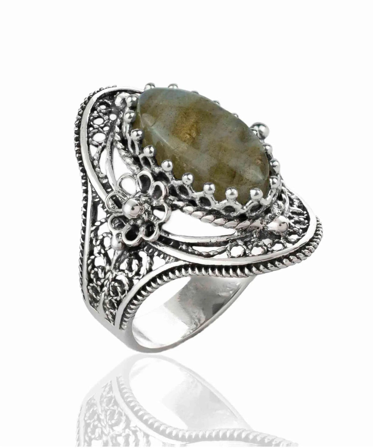 Labradorite Gemstone Filigree Sterling Silver Woman Statement Ring - Drakoi Marketplace