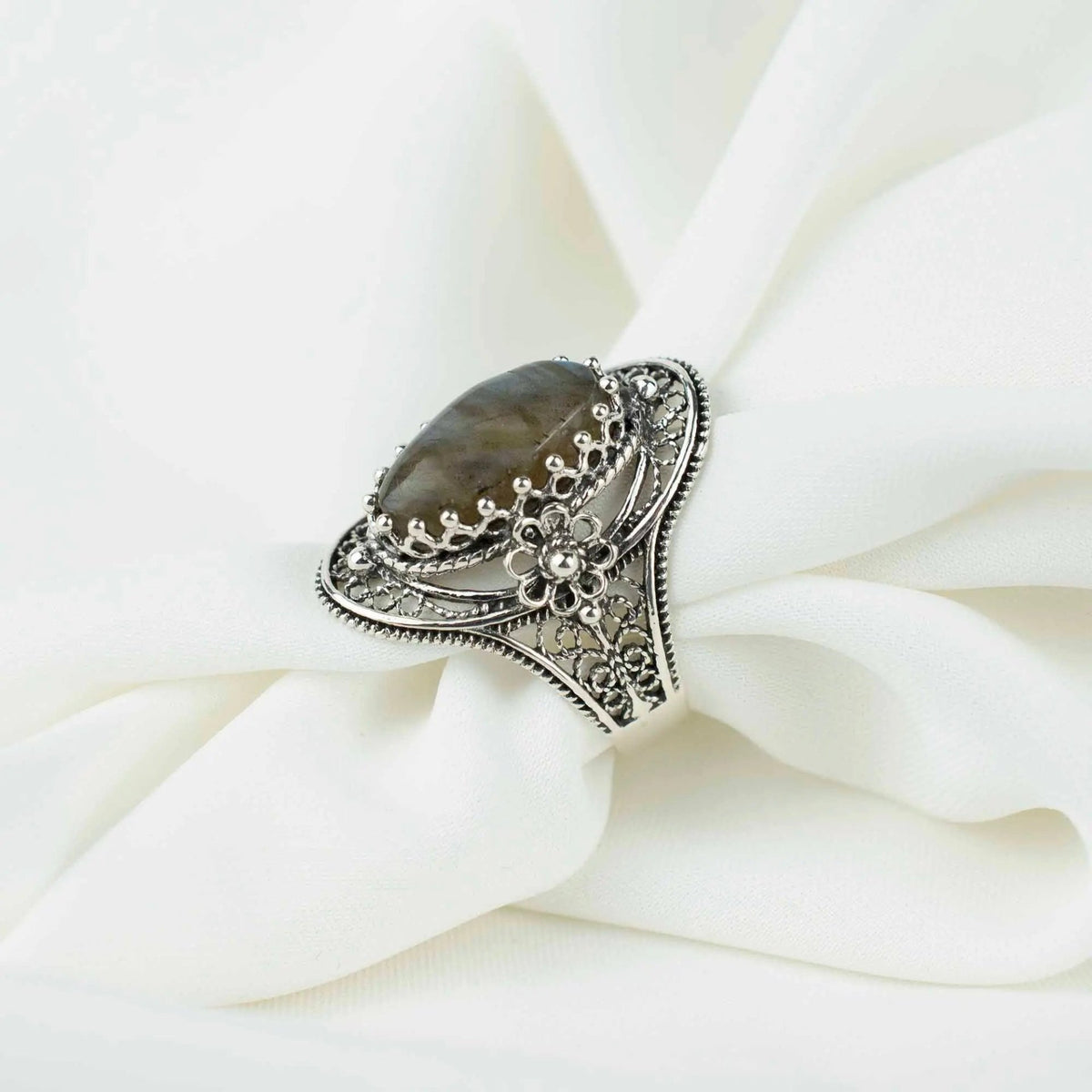 Labradorite Gemstone Filigree Sterling Silver Woman Statement Ring - Drakoi Marketplace