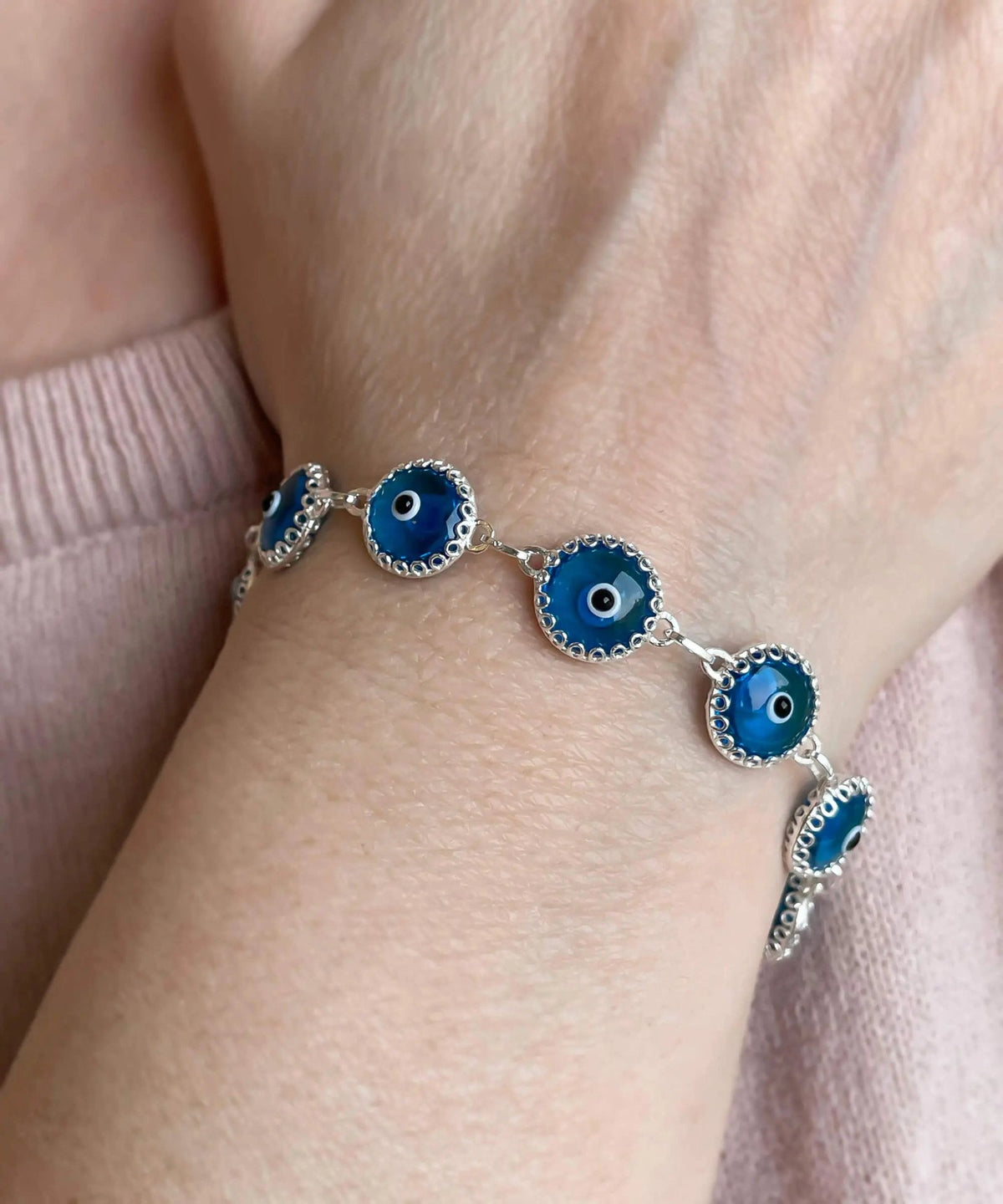 Lapis Blue Evil Eye Sterling Silver Women Adjustable Link Bracelet - Drakoi Marketplace