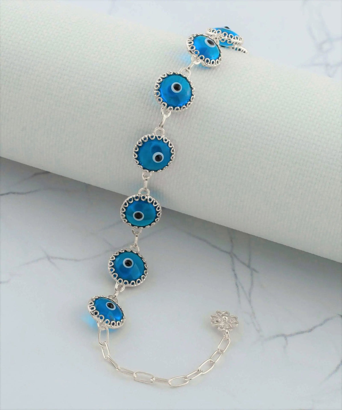 Lapis Blue Evil Eye Sterling Silver Women Adjustable Link Bracelet - Drakoi Marketplace