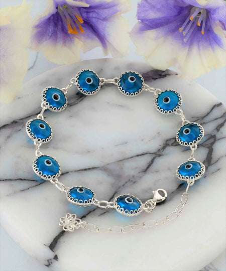 Lapis Blue Evil Eye Sterling Silver Women Adjustable Link Bracelet - Drakoi Marketplace