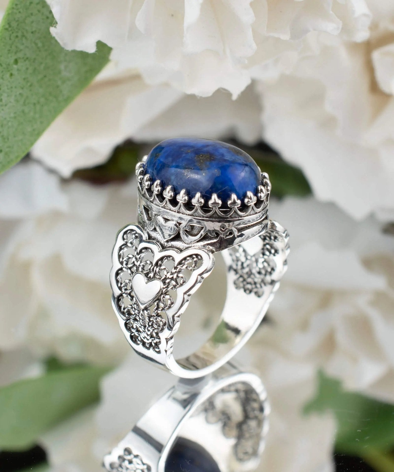 Lapis Lazuli Gemstone Double Heart Detailed Filigree Art 925 Sterling Silver Women Statement Ring - Drakoi Marketplace