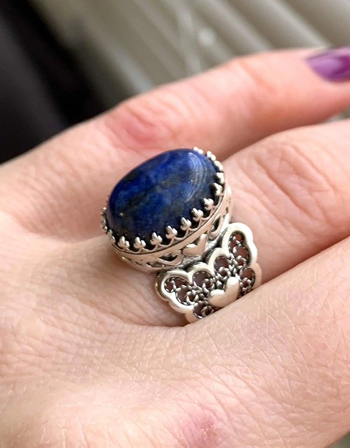 Lapis Lazuli Gemstone Double Heart Detailed Filigree Art 925 Sterling Silver Women Statement Ring - Drakoi Marketplace