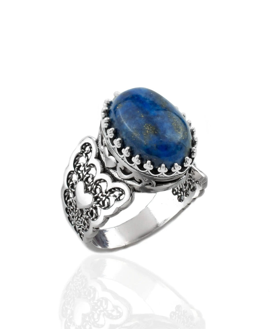 Lapis Lazuli Gemstone Double Heart Detailed Filigree Art 925 Sterling Silver Women Statement Ring - Drakoi Marketplace