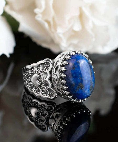 Lapis Lazuli Gemstone Double Heart Detailed Filigree Art 925 Sterling Silver Women Statement Ring - Drakoi Marketplace