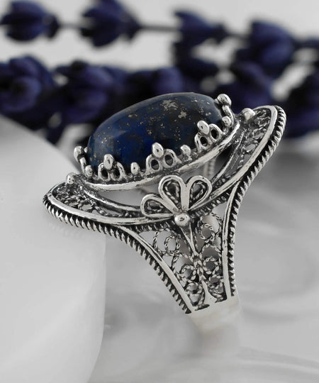 Lapis Lazuli Gemstone Filigree Art Woman Silver Statement Ring - Drakoi Marketplace