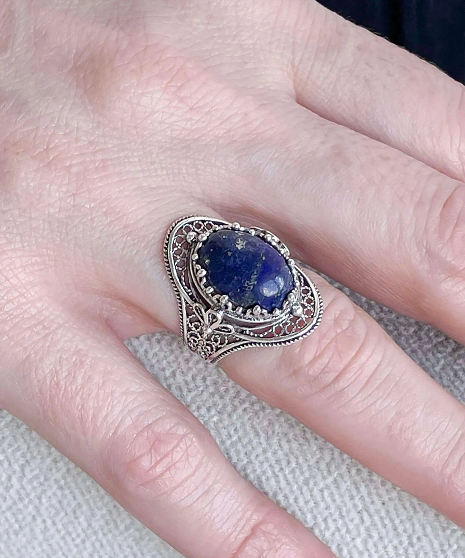 Lapis Lazuli Gemstone Filigree Art Woman Silver Statement Ring - Drakoi Marketplace