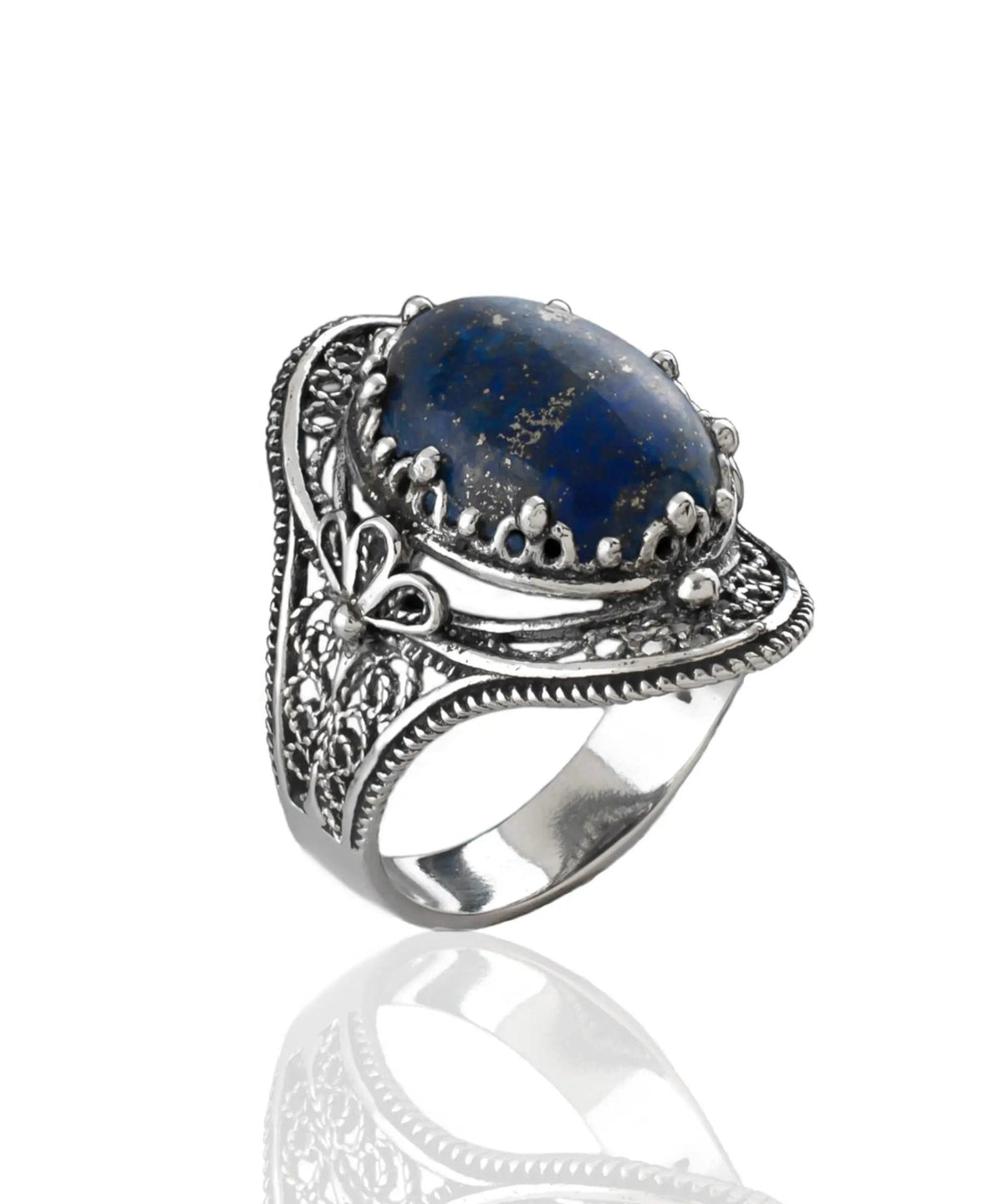 Lapis Lazuli Gemstone Filigree Art Woman Silver Statement Ring - Drakoi Marketplace