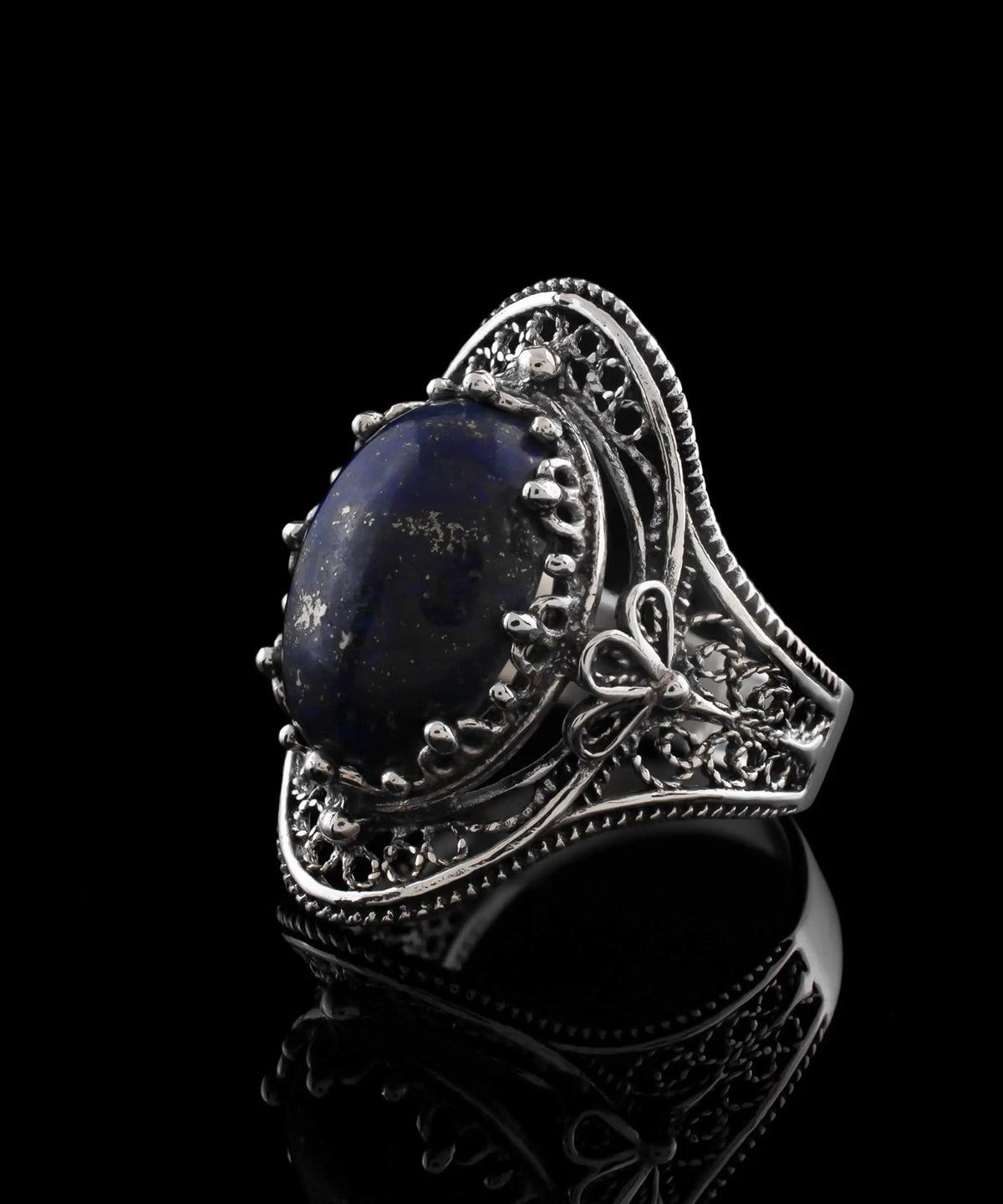 Lapis Lazuli Gemstone Filigree Art Woman Silver Statement Ring - Drakoi Marketplace