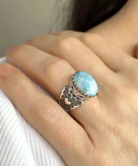 Larimar Gemstone Double Heart Detailed Filigree Art 925 Sterling Silver Women Statement Ring - Drakoi Marketplace