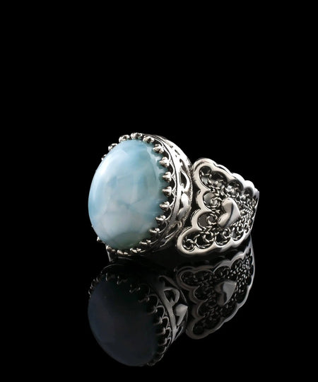 Larimar Gemstone Double Heart Detailed Filigree Art 925 Sterling Silver Women Statement Ring - Drakoi Marketplace