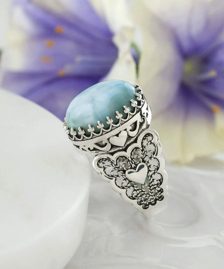 Larimar Gemstone Double Heart Detailed Filigree Art 925 Sterling Silver Women Statement Ring - Drakoi Marketplace