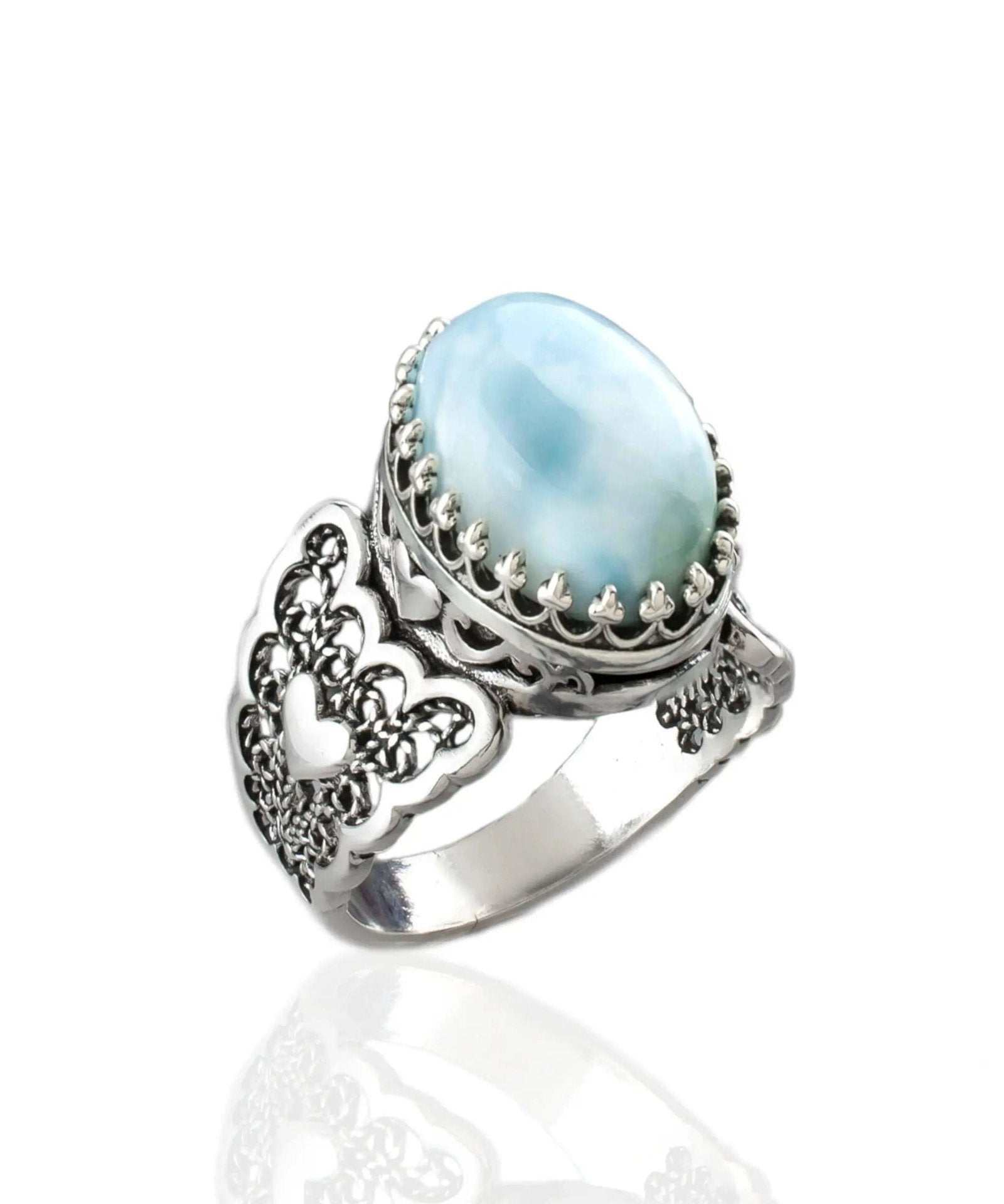 Larimar Gemstone Double Heart Detailed Filigree Art 925 Sterling Silver Women Statement Ring - Drakoi Marketplace