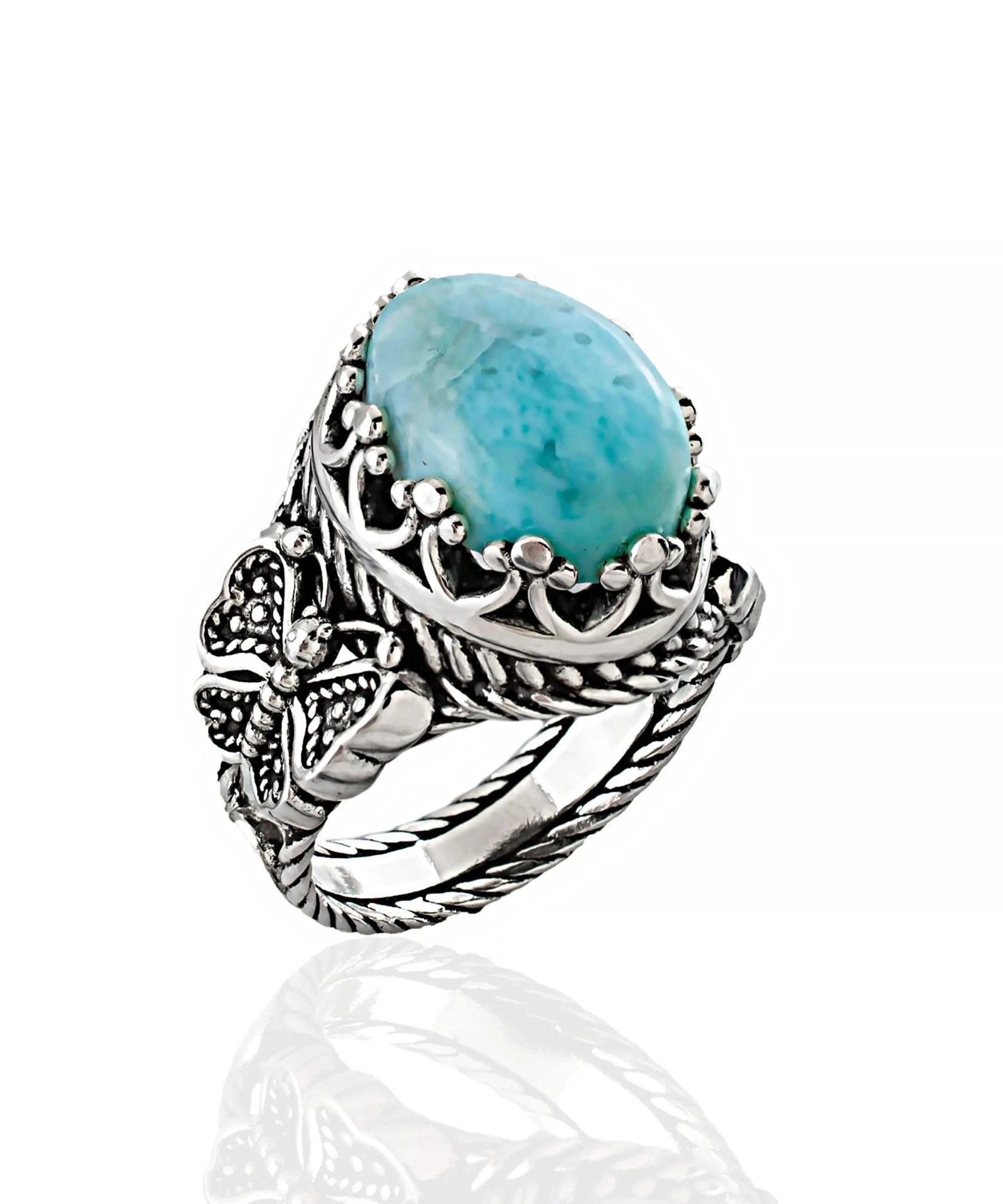 Larimar Gemstone Filigree Art Double Butterfly Detailed Women Silver Statement Ring - Drakoi Marketplace